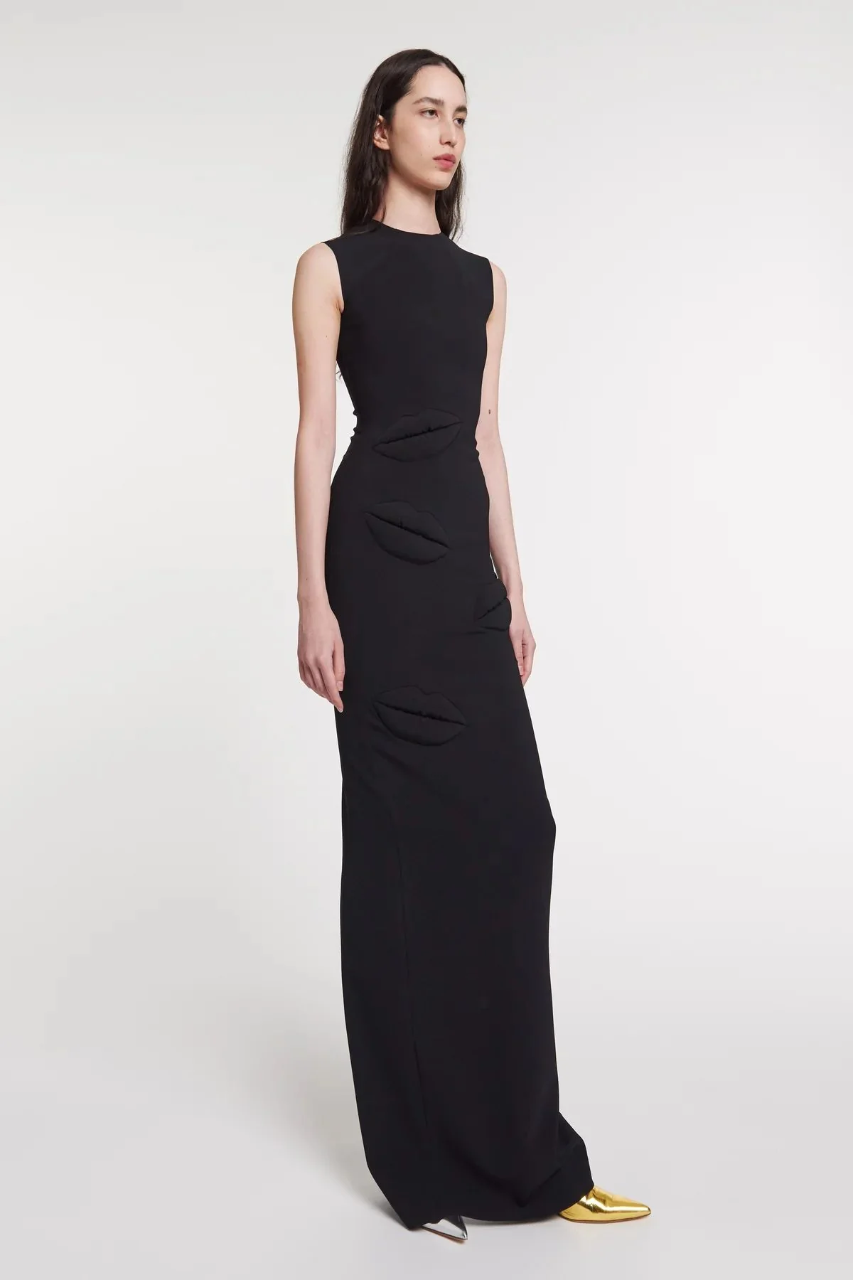 A.W.A.K.E. Mode Fitted Maxi Dress with Lip Applique - Black - Image 5
