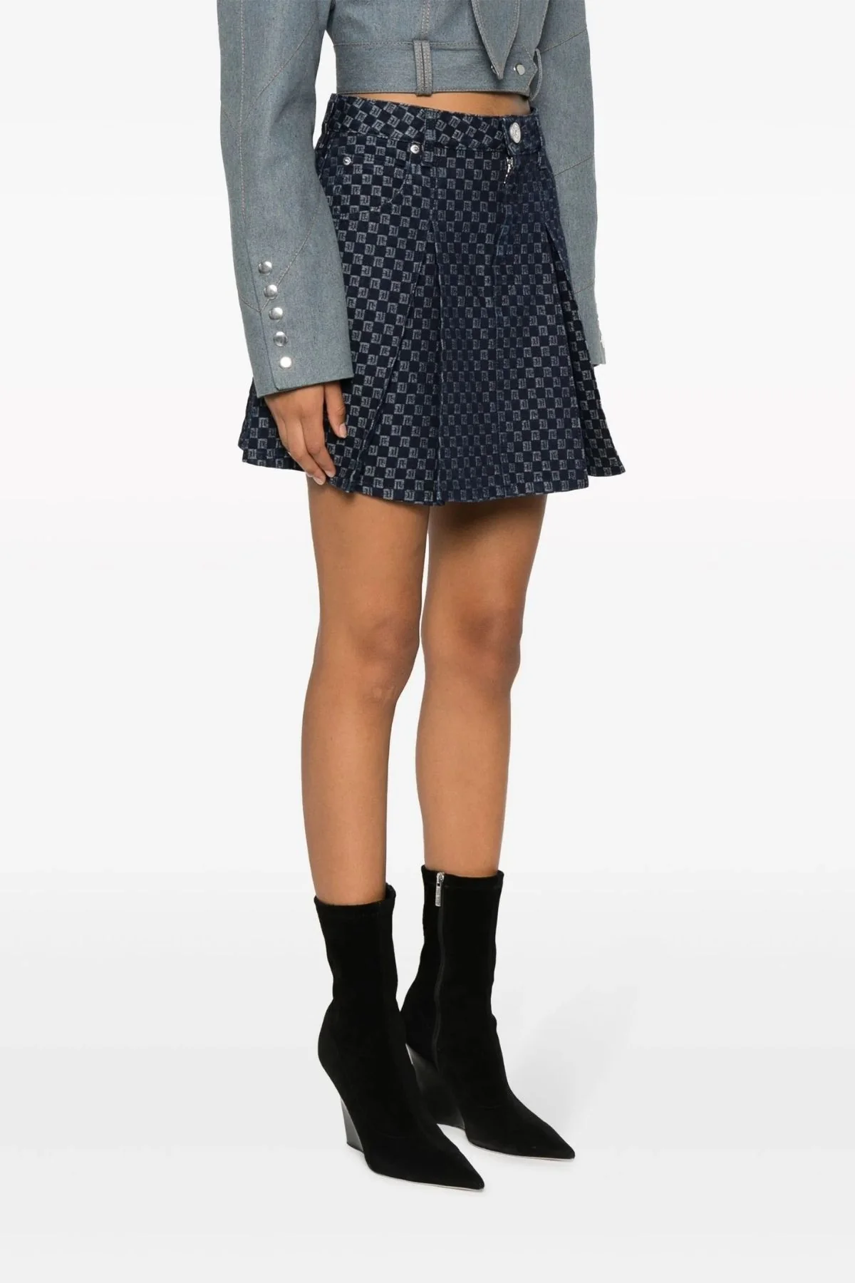 Balmain Pleated Monogram Denim Mini Skirt - Denim Blue - Image 3