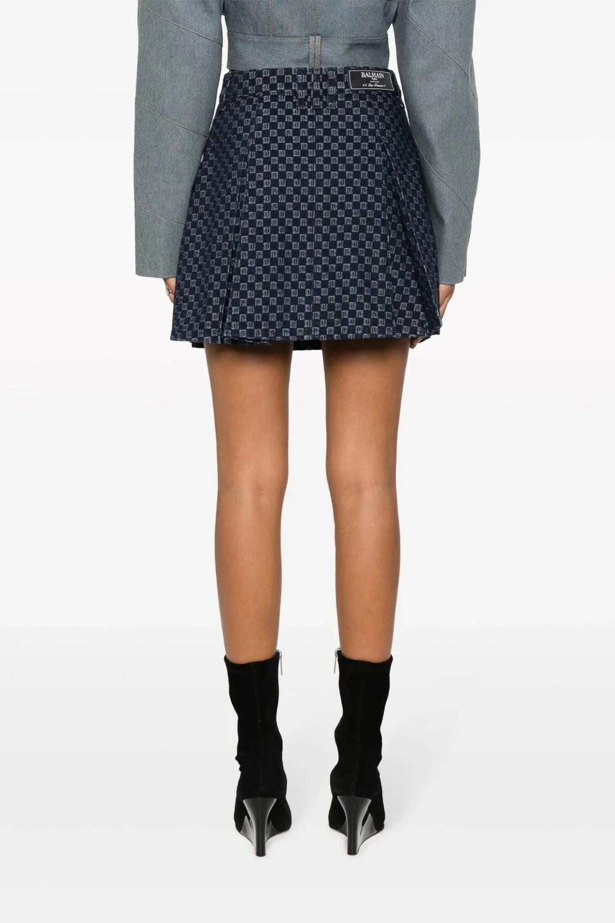 Balmain Pleated Monogram Denim Mini Skirt - Denim Blue - Image 4
