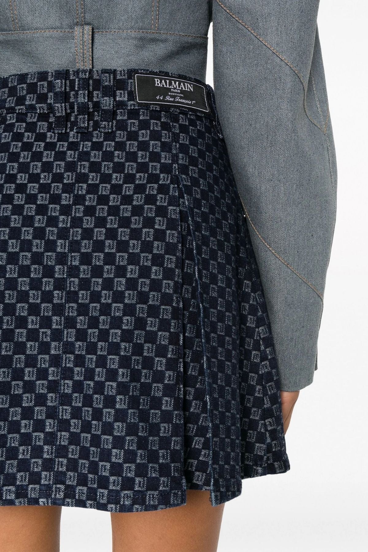Balmain Pleated Monogram Denim Mini Skirt - Denim Blue - Image 5
