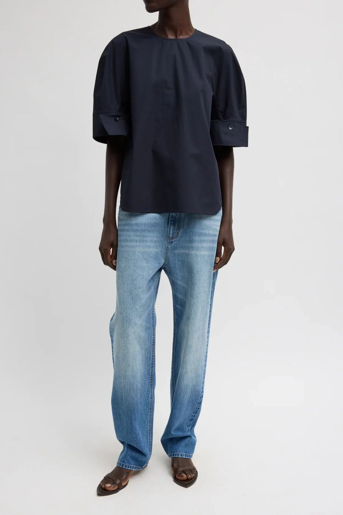 Tibi Poplin Reverse Sleeve Shirt - Navy