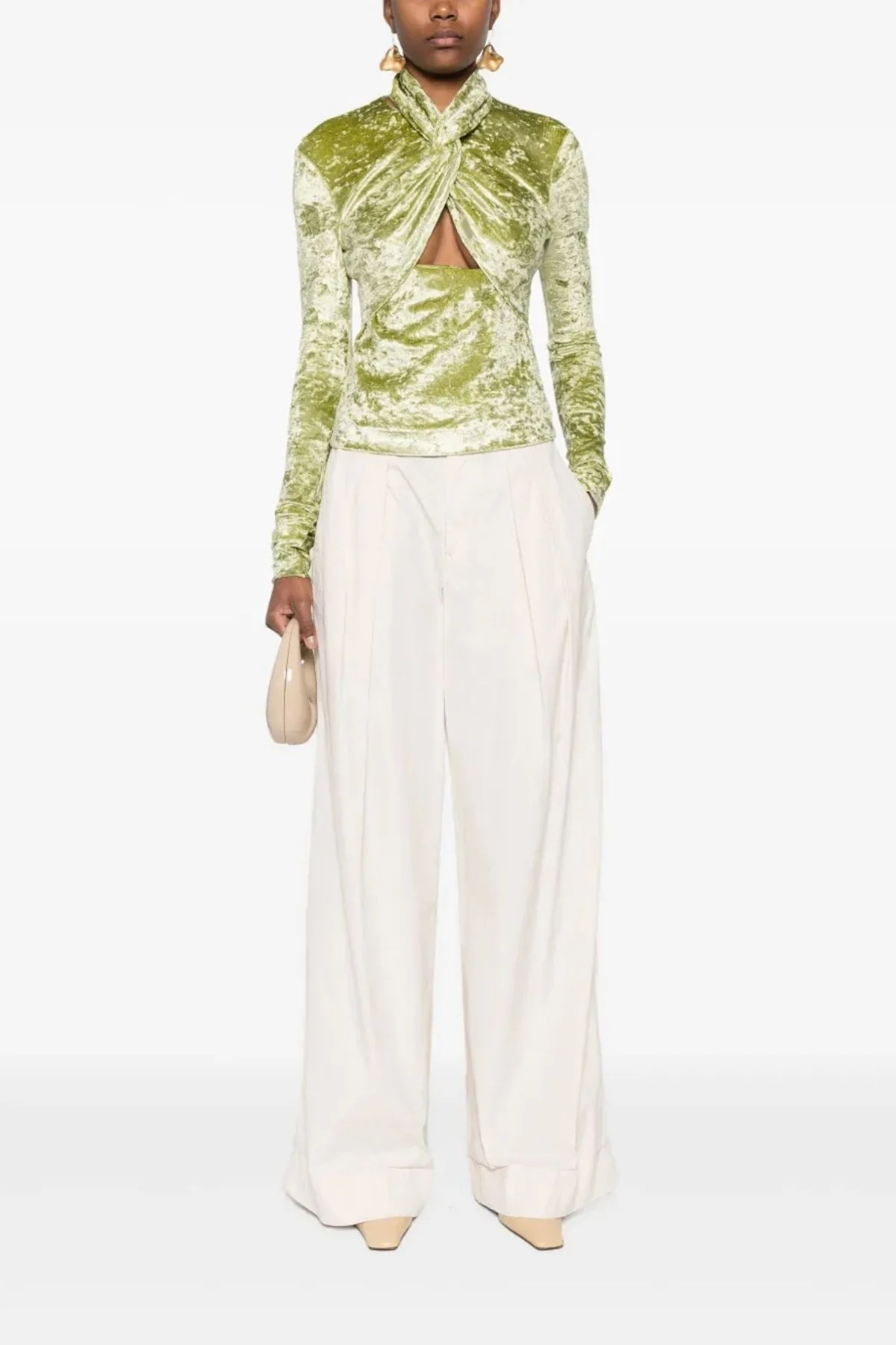 Nanushka Iride Twist-Front Crushed Velvet Top - Sage - Image 2
