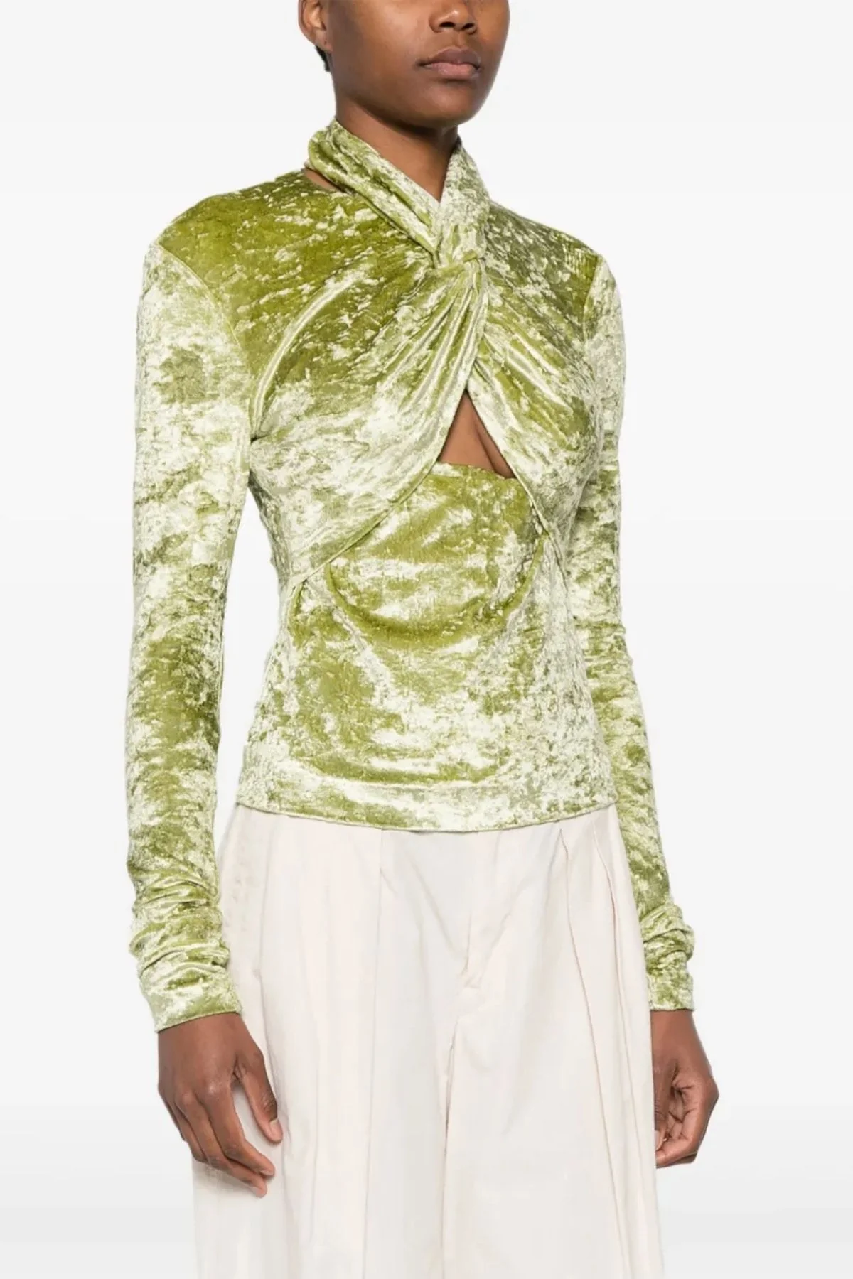 Nanushka Iride Twist-Front Crushed Velvet Top - Sage - Image 3