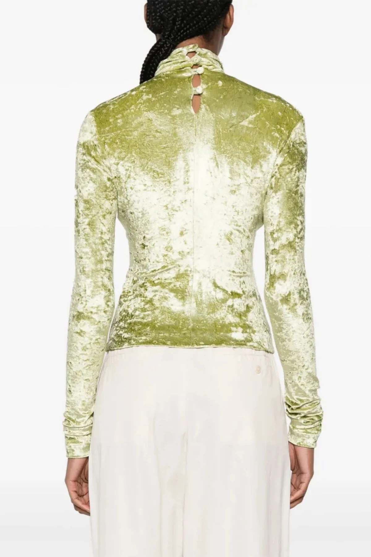 Nanushka Iride Twist-Front Crushed Velvet Top - Sage - Image 4