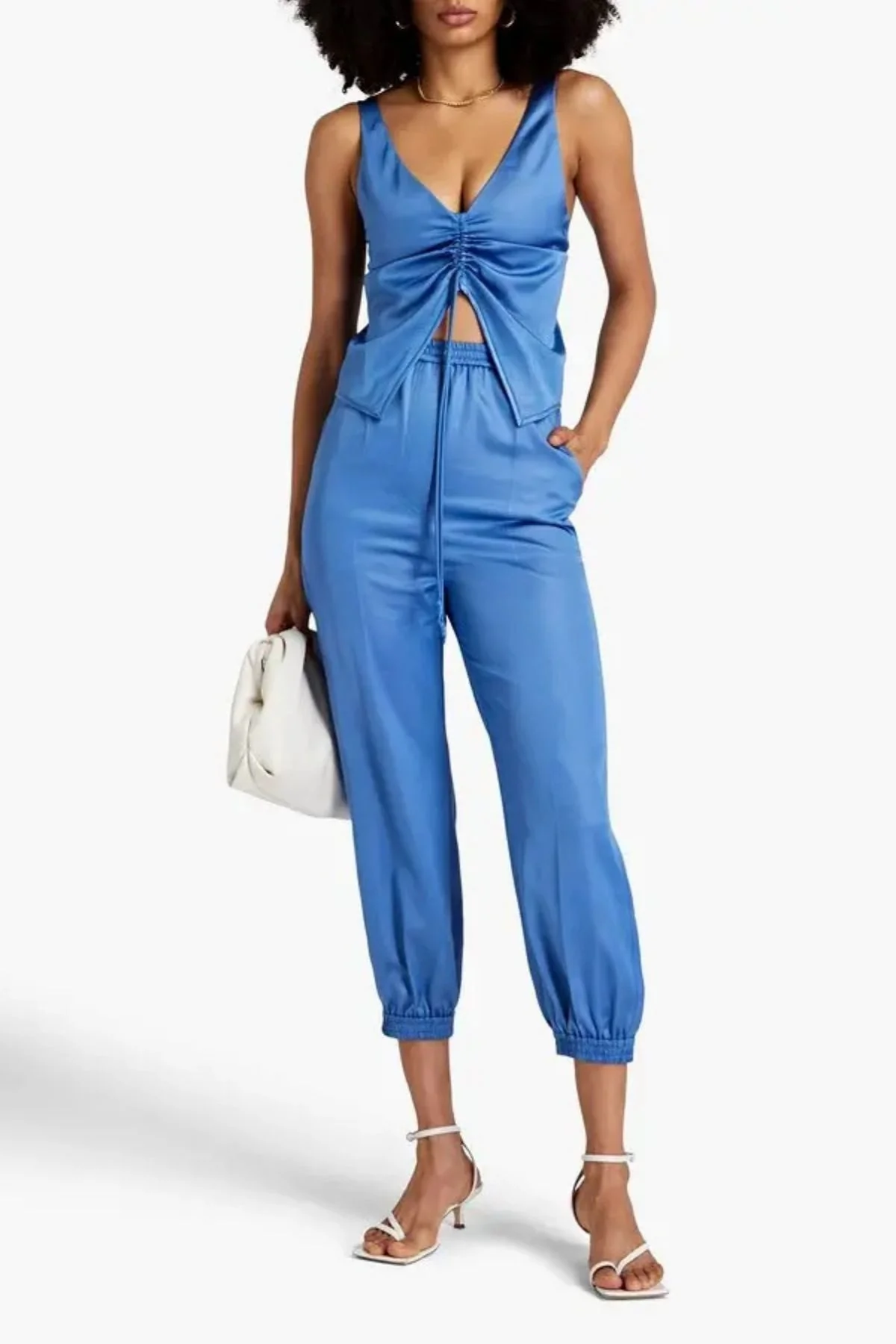 Nanushka Klara Ruched Front Satin Top - Blue - Image 2