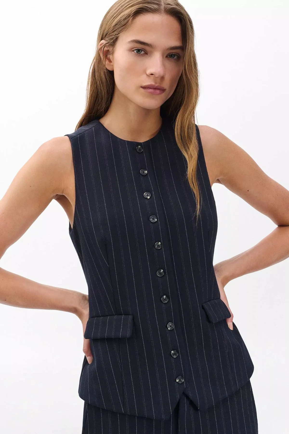 Rag & Bone Irina Ponte Long Vest - Navy Multi - Image 5