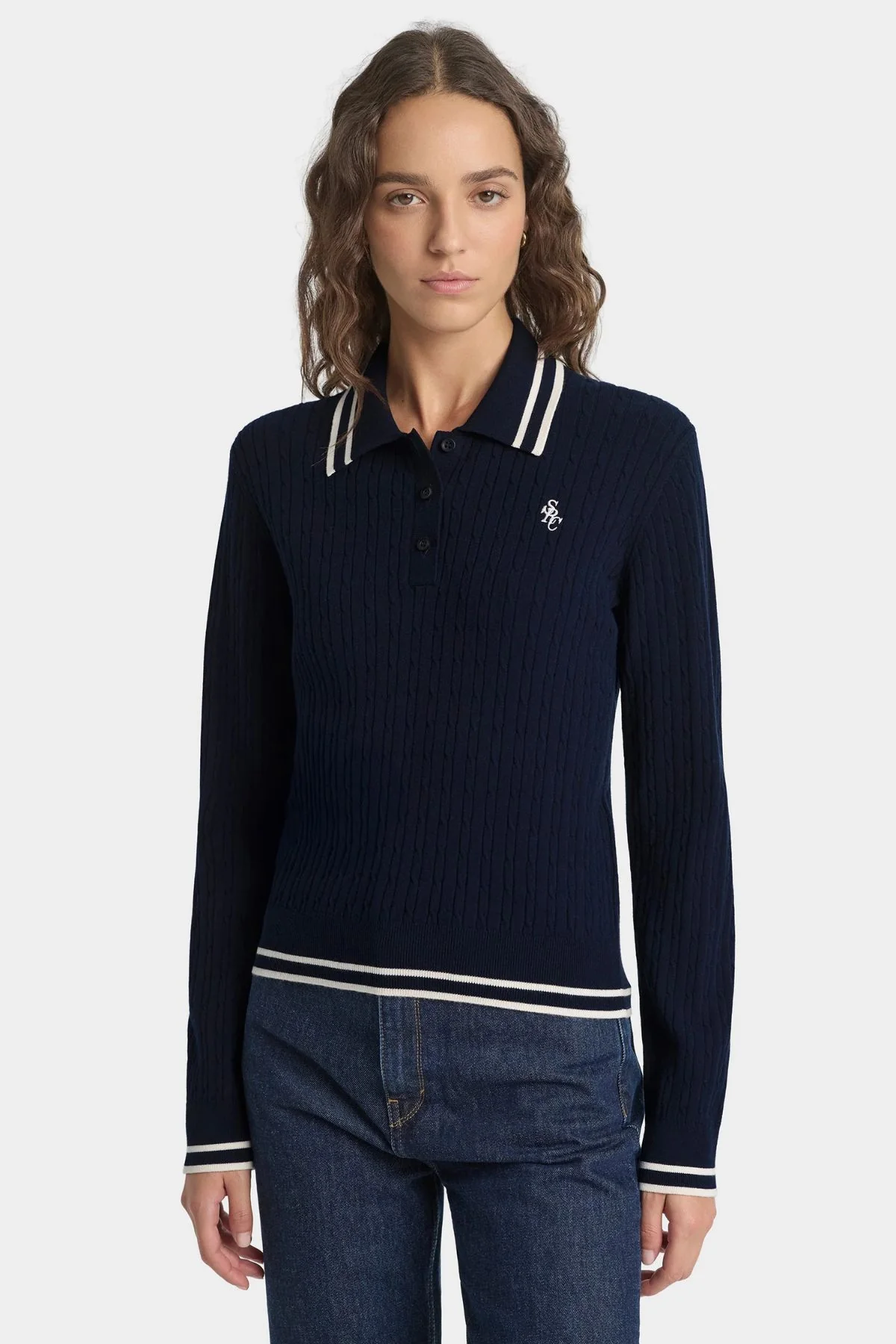 Sporty & Rich SRC LS Polo - Dark Navy/ Ecru - Image 5