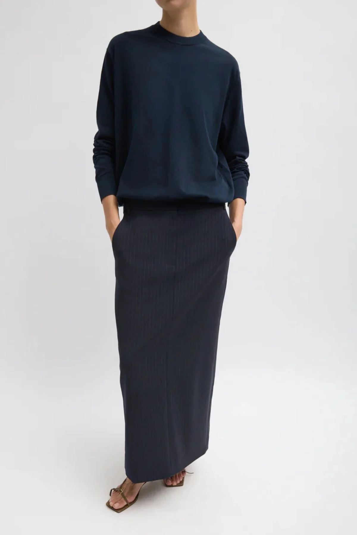 Tibi Dominic Pinstripe Long Trouser Skirt - Navy