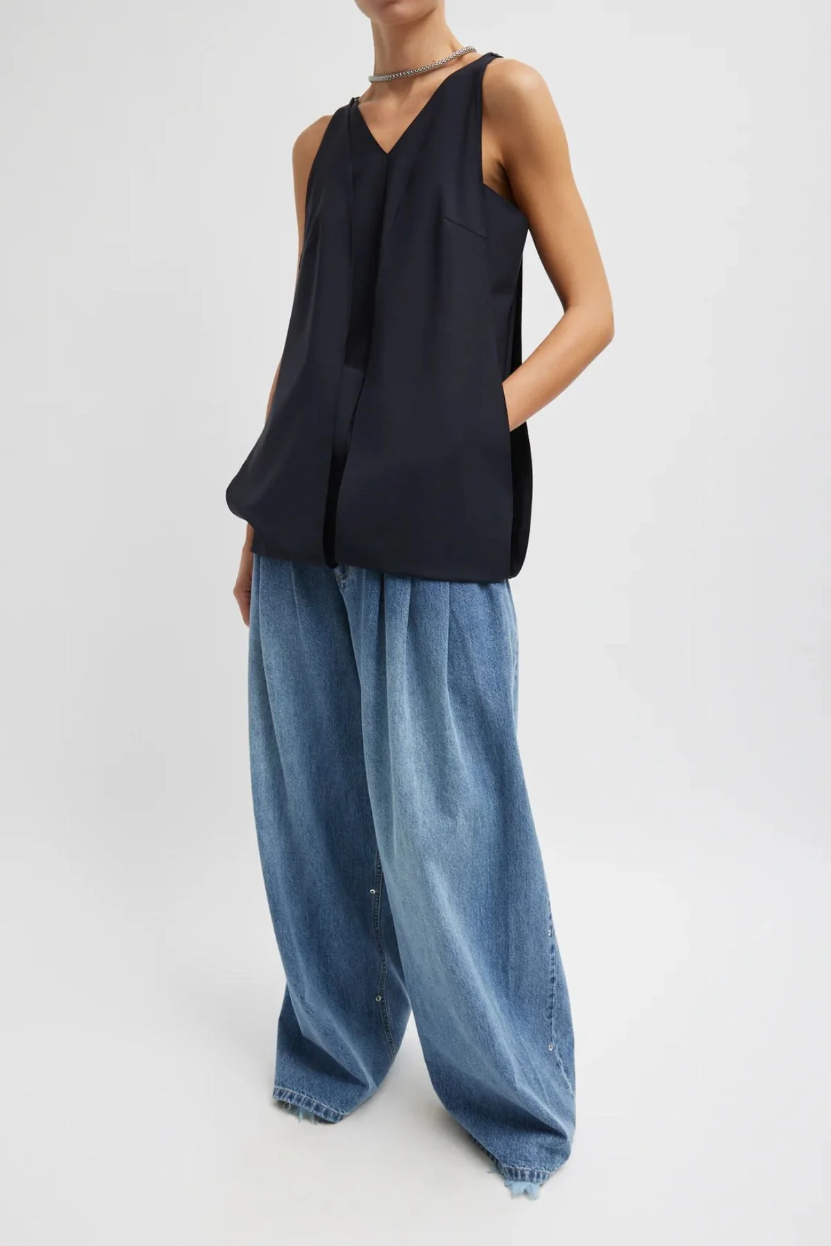 Tibi Tropical Wool Paneled Tunic - Navy