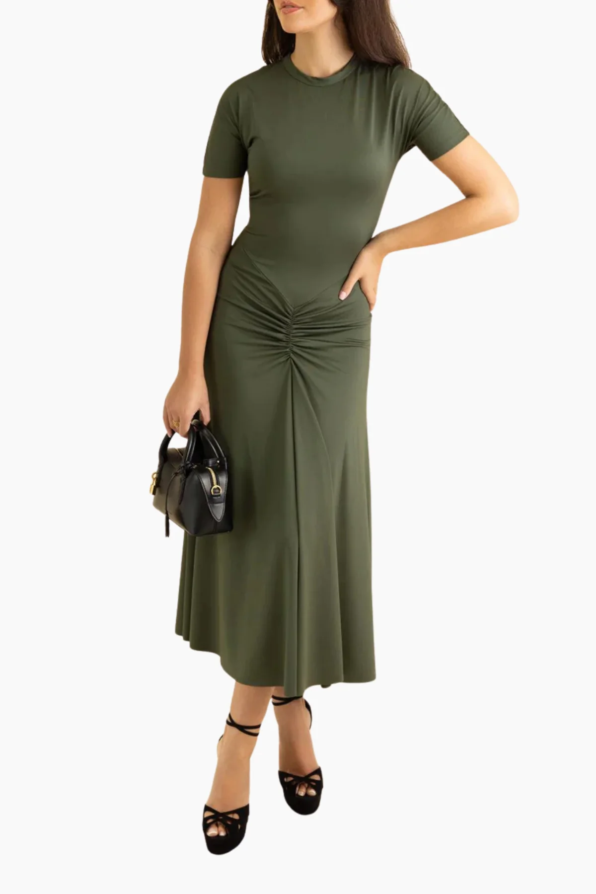 Victoria Beckham Gathered Waist T-Shirt Midi Dress - Oregano - Image 2